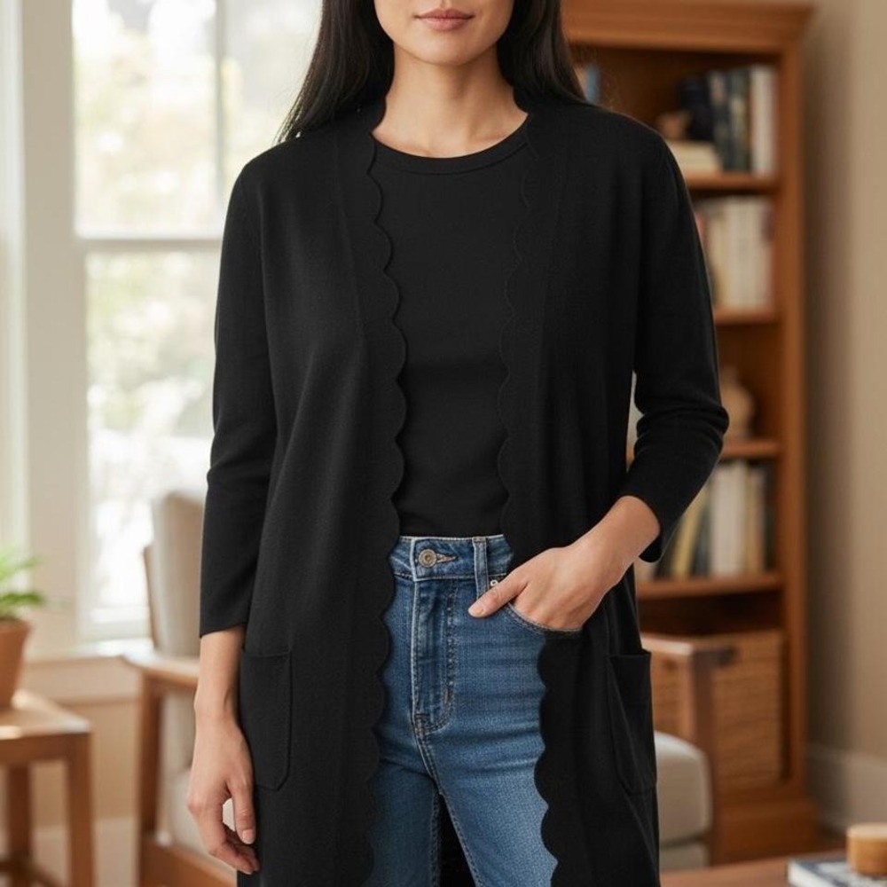 Talbots Black scalloped cardigan with‎ 3/4 sleeves #cardigan #scalloped